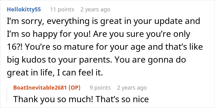Screenshot of a Reddit conversation discussing maturity and life encouragement from a teen to supportive commenters.