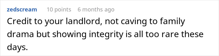 Screenshot of a Reddit comment highlighting integrity over family drama in a tenant harassment dispute.