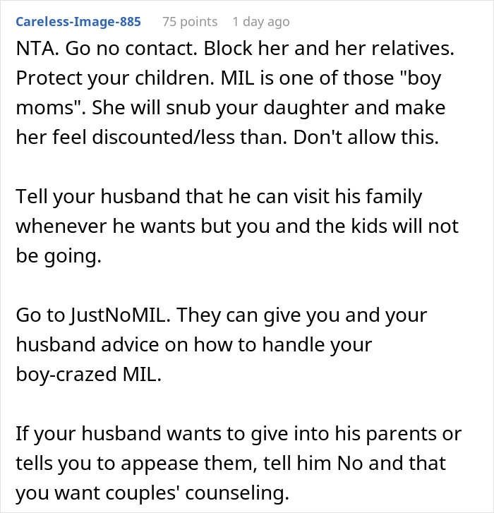 Mom takes her baby and storms off from MIL's house after feeding dispute, screenshot of Reddit comments advising no contact.