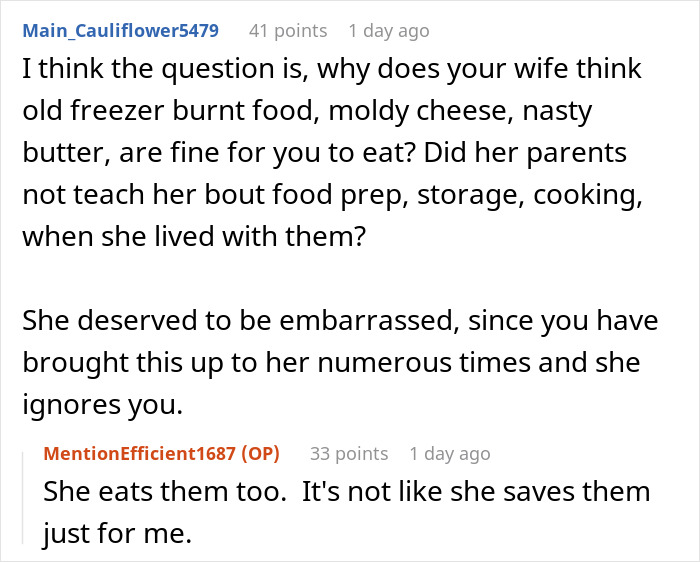 Text comments discussing a wife furious after husband embarrasses her in front of her parents about food safety concerns.