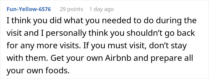 Screenshot of a comment advising to avoid visits and prepare own meals instead of eating expired food in her pantry.