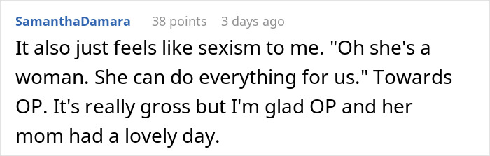 Screenshot of a Reddit comment discussing gender expectations as irate sister takes mom out for dinner without broke brothers.