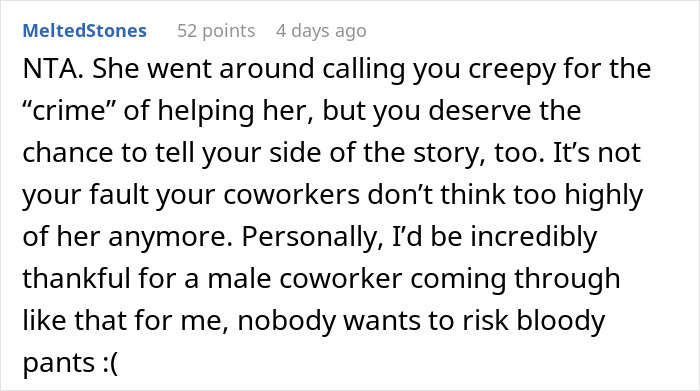 Reddit comment discussing a man labeled a creep and coworkers reacting after a woman reported him to HR.
