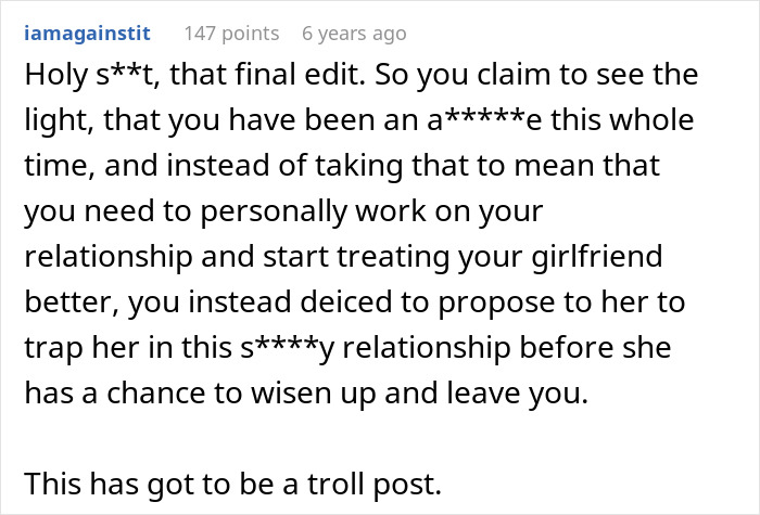 Comment expressing frustration about relationship issues between chef girlfriend and boyfriend not going to restaurants.