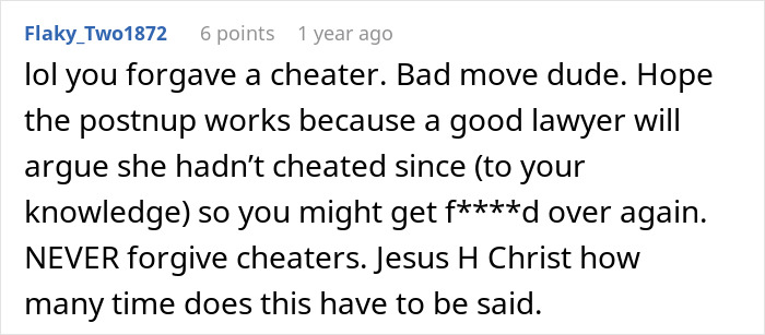 Reddit comment warning about forgiving a cheater, discussing consequences of wife&rsquo;s cheating discovered years later.