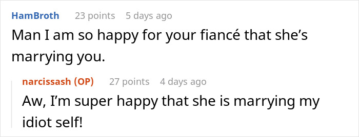 Screenshot of a conversation about a fianc&eacute; and wedding, relating to estranged relatives demanding access.