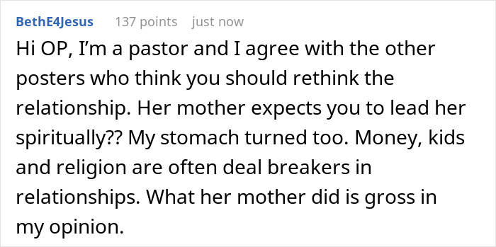 Comment from a pastor discussing deal breakers in relationships including religion and criticizing an extremely religious mother's actions.