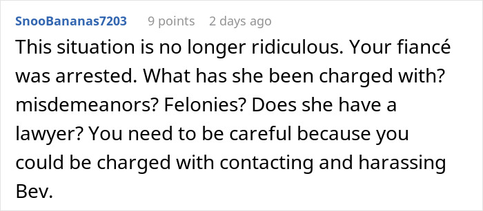 Reddit comment discussing fianc&eacute;e&rsquo;s obsession with her bully and potential legal issues involving stalking and harassment.