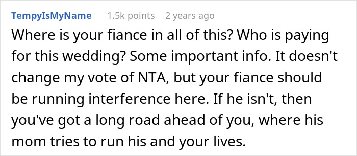 Commenter discussing a wedding conflict where the mother-in-law tries to hijack the bride&rsquo;s venue and dress plans.