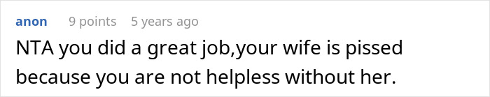 Reddit comment screenshot praising husband (NTA), saying wife is pissed; relates to Guy embarrasses wife.