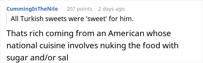Commenter reacting to traditional food while discussing American dishes and cultural food preferences online. Commenter reacting to traditional food while discussing American dishes and cultural food preferences online.
