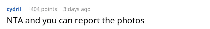 Comment saying NTA and suggesting reporting the photos, shown in a simple forum interface with username and timestamp.
