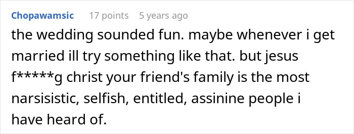 Screenshot of a comment criticizing a family for being narcissistic and entitled after being excluded from a gay son's extravagant wedding.