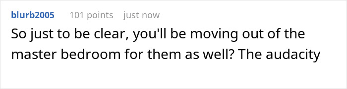 Comment from user blurb2005 questioning moving out of the master bedroom, related to son impregnate girlfriend figure living situation.