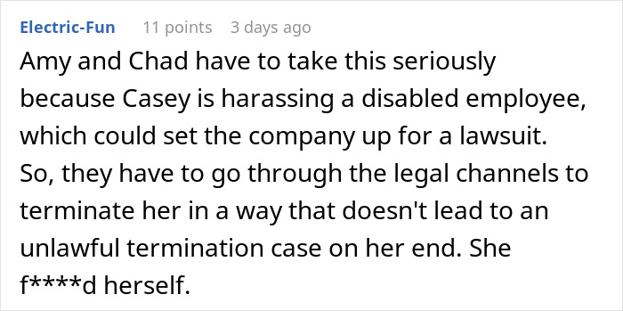 Comment discussing workplace harassment issue involving a coworker and concerns over disability discrimination lawsuit.