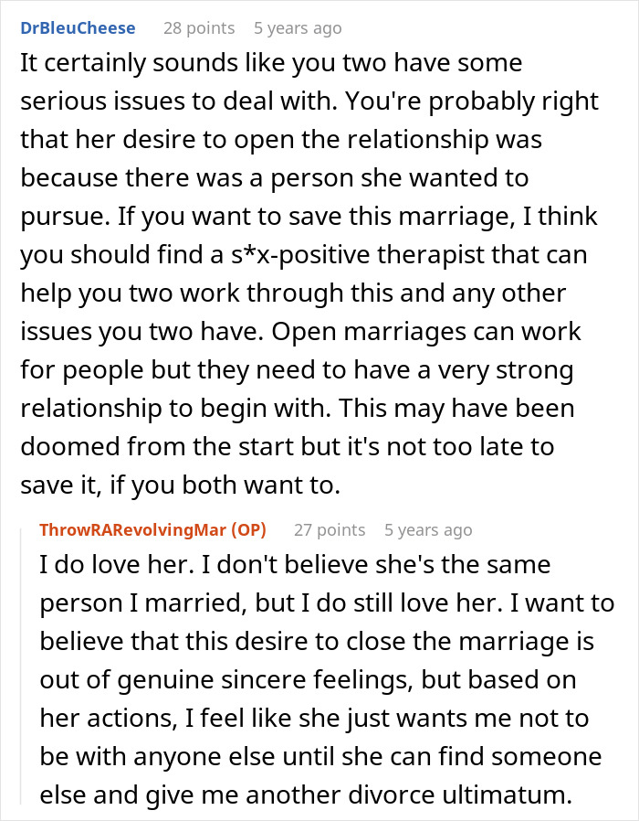 Screenshot of a forum discussing open marriage issues, focusing on wife making husband agree to an open marriage.