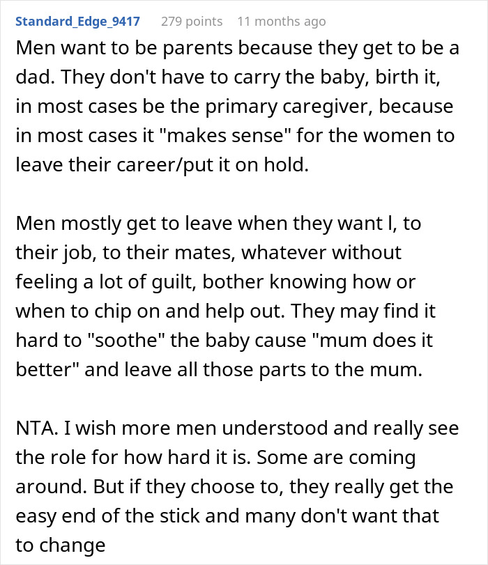 Reddit comment screenshot about parenting imbalance and mom regrets becoming a parent