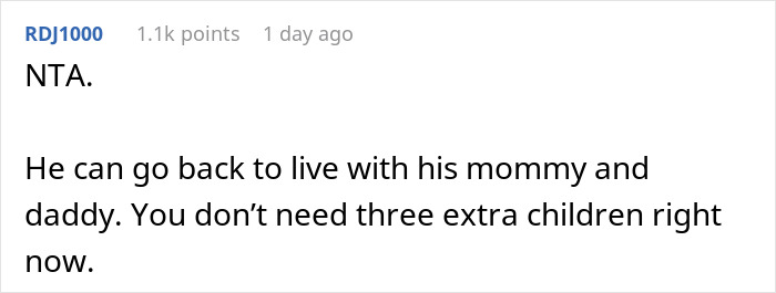 Screenshot of an online comment stating new mom kicks out husband and in-laws for not helping with the baby.