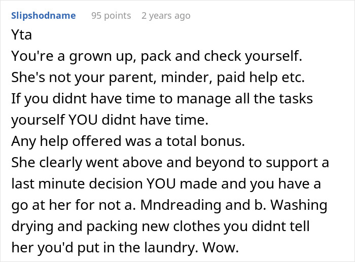 Comment criticizing man for blaming wife over no slacks for business trip, internet responding strongly to his excuses.