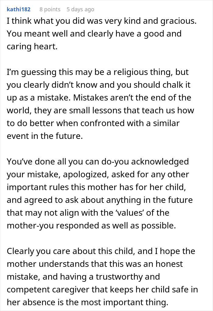 Comment text on a white background discussing a babysitter giving a birthday gift that made the mother furious.