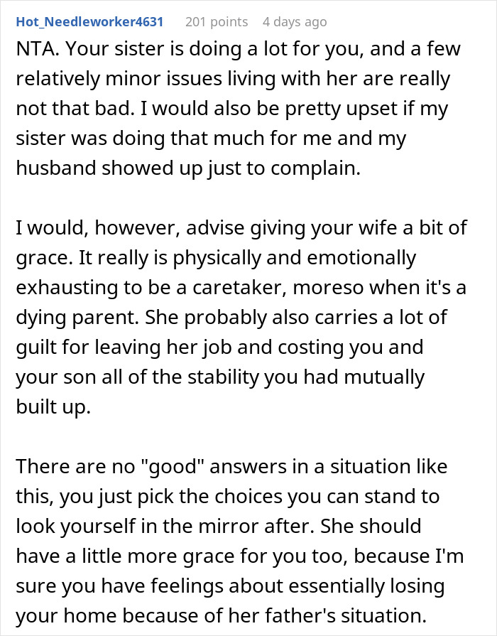 Alt text: Screenshot of a Reddit comment discussing complaints about sister-in-law and emotional stress of caregiving in family living situation. Alt text: Screenshot of a Reddit comment discussing complaints about sister-in-law and emotional stress of caregiving in family living situation.