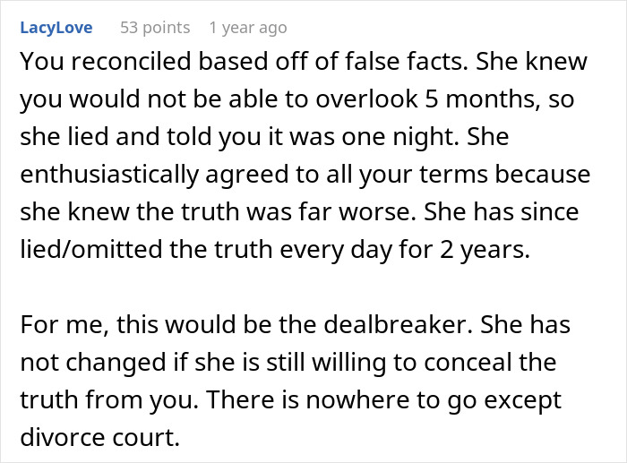 Comment discussing a man discovering his wife's cheating was more than just one drunken night after two years.