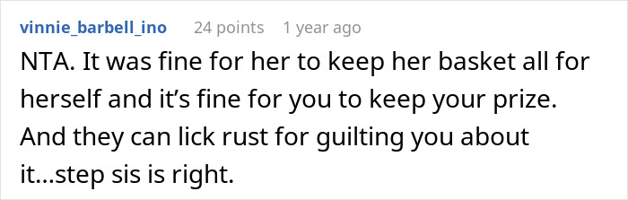 Screenshot of a forum comment supporting a teen with stepsister&rsquo;s support against stepmom&rsquo;s selfish spending criticism.