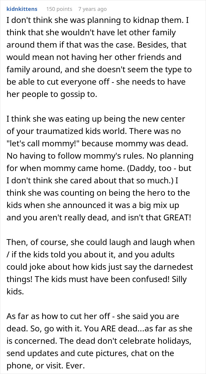 Screenshot of a forum comment discussing how a mil tells kids their parents passed away and related emotional impacts.
