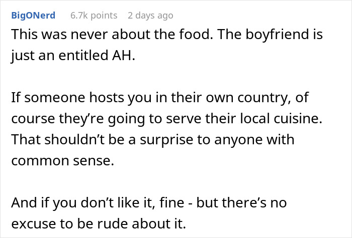 Screenshot of a social media comment criticizing a boyfriend’s rude reaction to traditional gross food instead of American dishes. Screenshot of a social media comment criticizing a boyfriend’s rude reaction to traditional gross food instead of American dishes.