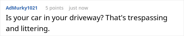 Comment warning about trespassing and littering, referencing a neighbor, religious pamphlet, and police involvement.