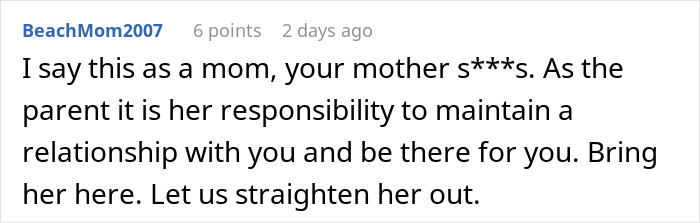 Screenshot of an online comment where a mom criticizes another mom for refusing to involve her daughter in her life after divorce.