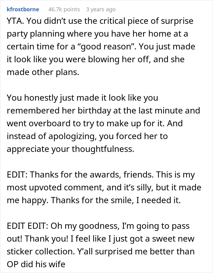 Reddit screenshot of long comment criticizing husband in Wife mopes at b-day party story