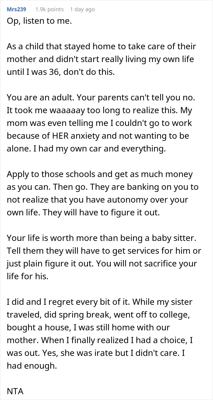 Woman feels trapped taking care of autistic brother, struggling to balance love and school priorities.