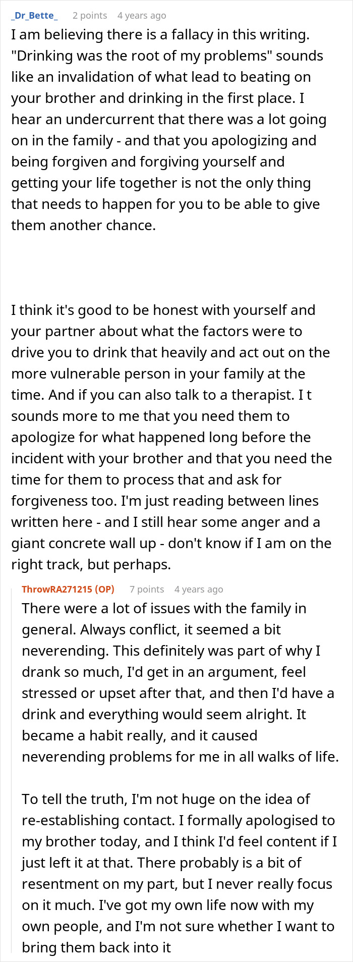 Reddit conversation about family deciding to forgive a man for beating his brother and his mixed feelings on forgiveness.