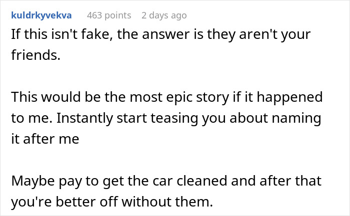 Comment discussing woman giving birth in friends' car and feeling confused as friends begin ignoring her afterward.