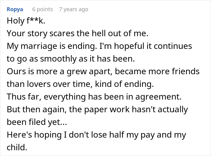 Comment about woman&rsquo;s court act blowing up after husband and friend provide evidence, leading to loss and emotional impact.