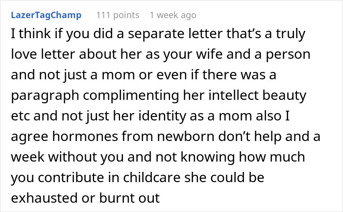 Comment discussing a husband's note to wife, highlighting misunderstandings and emotional exhaustion in parenting roles.