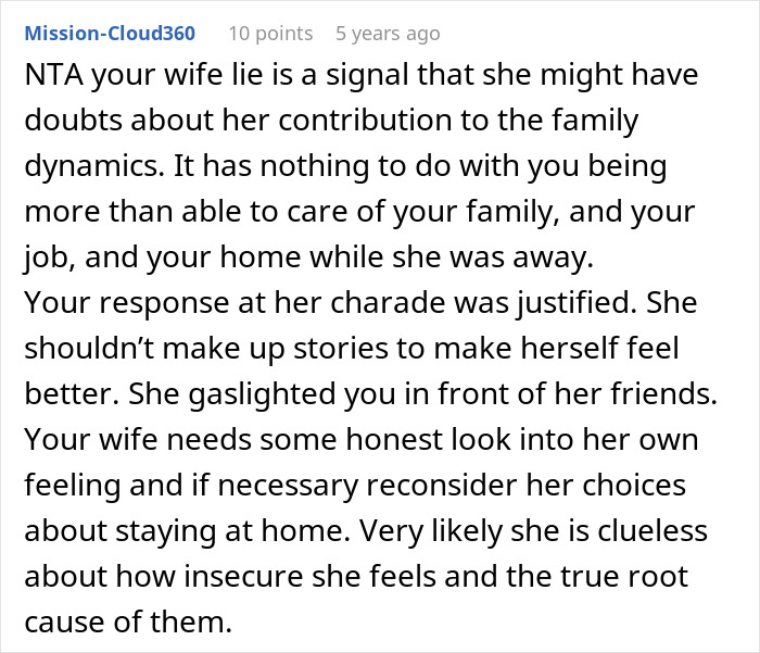 Reddit comment screenshot about guy embarrasses wife for not going along with her lie, long advice reply