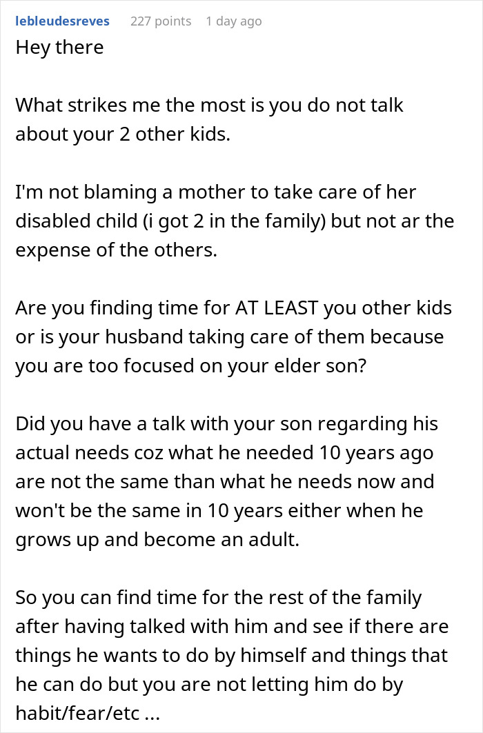 Comment discussing challenges of caring for a disabled son and its impact on family life and other children.
