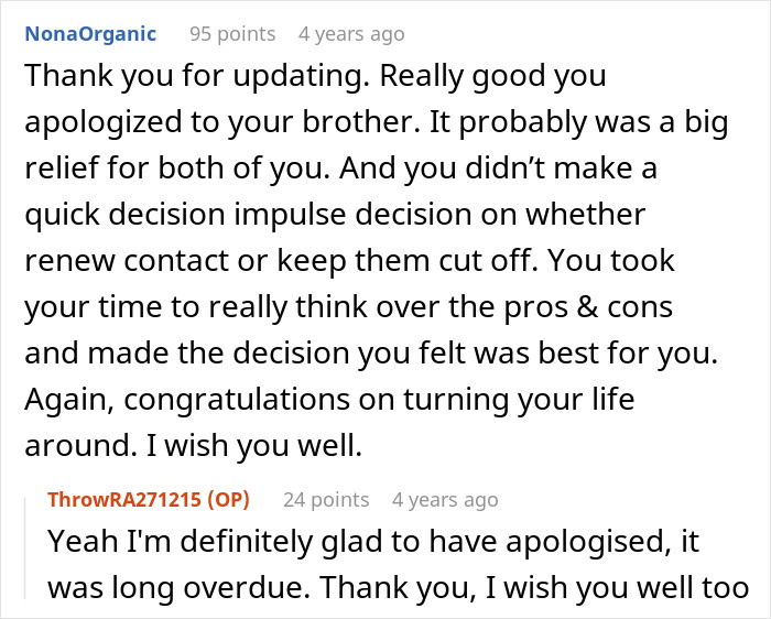 Screenshot of a Reddit conversation about a family forgiving a man for beating his brother five years ago.
