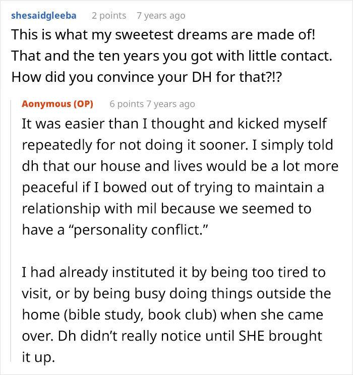 Forum conversation about MIL and DIL relationship issues, with DIL sharing how she managed peace by limiting MIL contact.