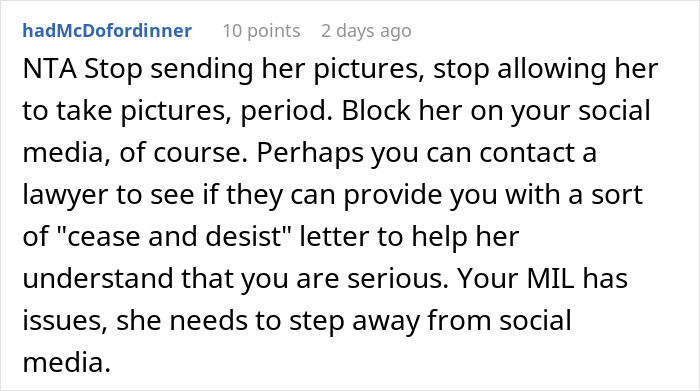 Screenshot of a Reddit comment advising to stop sharing pictures to avoid discomfort with woman uncomfortable MIL AI images.