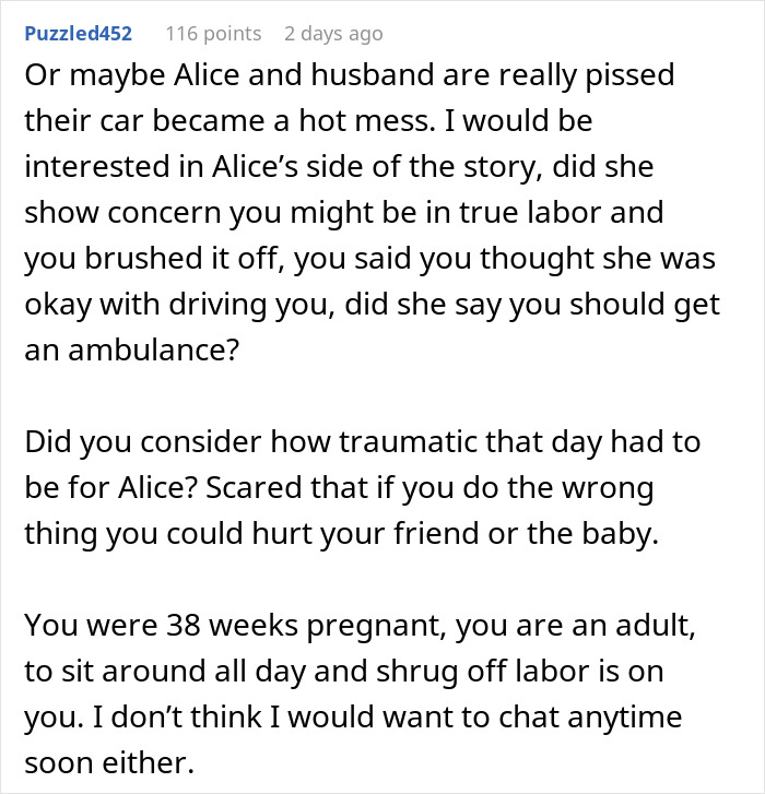 Comment discussing a woman giving birth in friends' car and the confusion after being ignored by them.