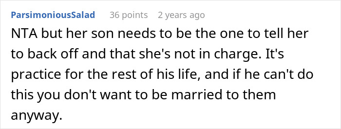 Comment text discussing a MIL trying to hijack bride&rsquo;s venue and dress, with advice on setting boundaries.