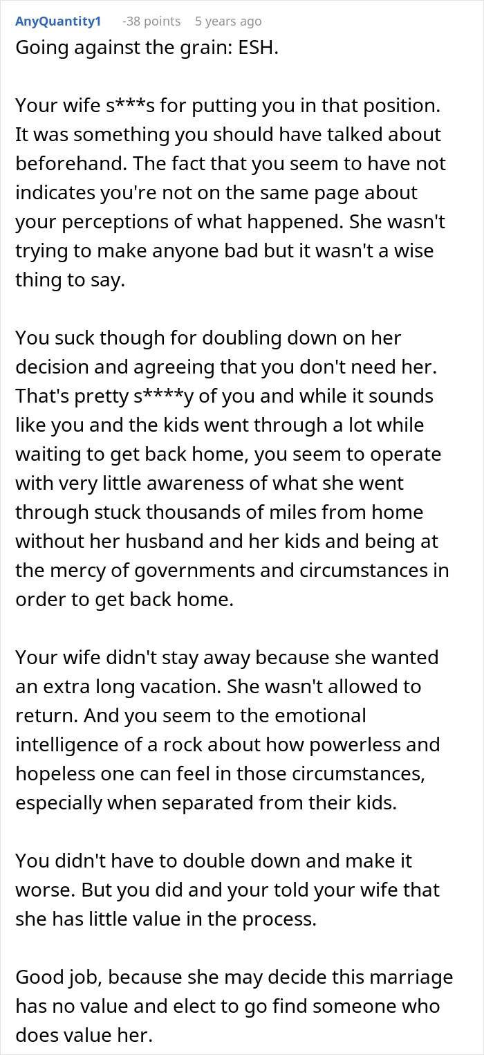 Reddit comment screenshot criticizing husband, guy embarrasses wife mention, long paragraph text on white background