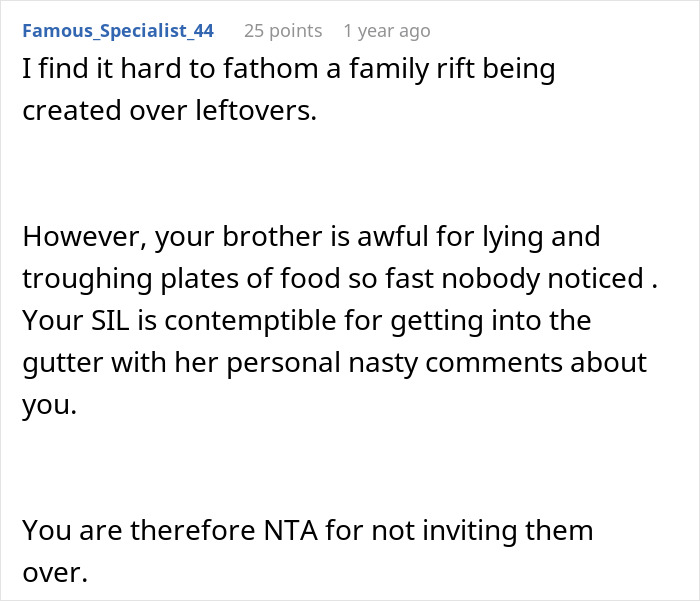 Screenshot of a Reddit comment discussing family conflict over leftovers, involving a guy fearing to tell his wife and insults from SIL.