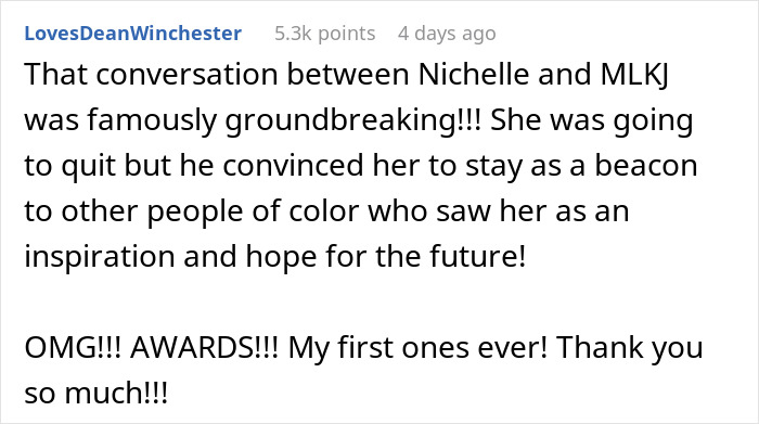Reddit comment praising a groundbreaking conversation between Nichelle and MLK inspiring people of color to stay hopeful.