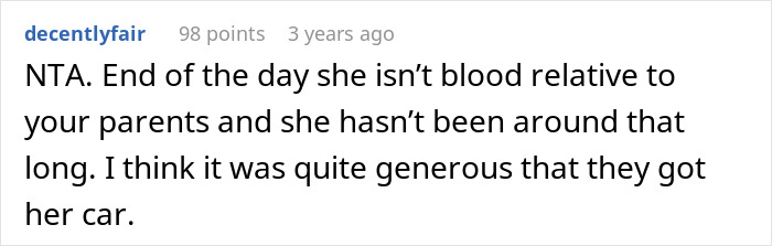 Comment explaining why the step-daughter is not entitled to a trust fund or family inheritance due to lack of blood relation.