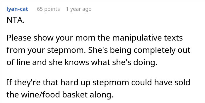 Screenshot of a Reddit comment discussing a teen&rsquo;s stepsister support amid stepmom calling her selfish and cruel.