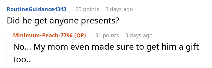 Reddit conversation showing a man failing to buy Christmas presents for his girlfriend and blaming the holiday timing.